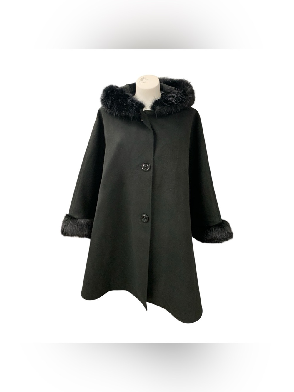 Laura Black Hooded Swing Coat with Faux Fur Trim Size M